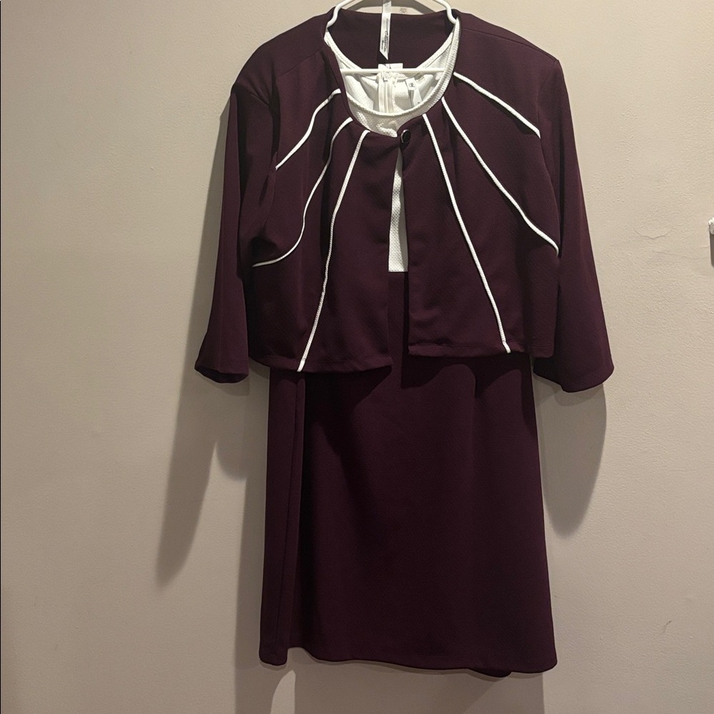 Maroon Dress with White Trim and maroon cropped blazer. Size 14W.